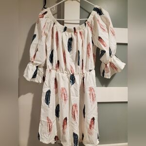 SHEIN White Dress with Pink and Blue Feather Print